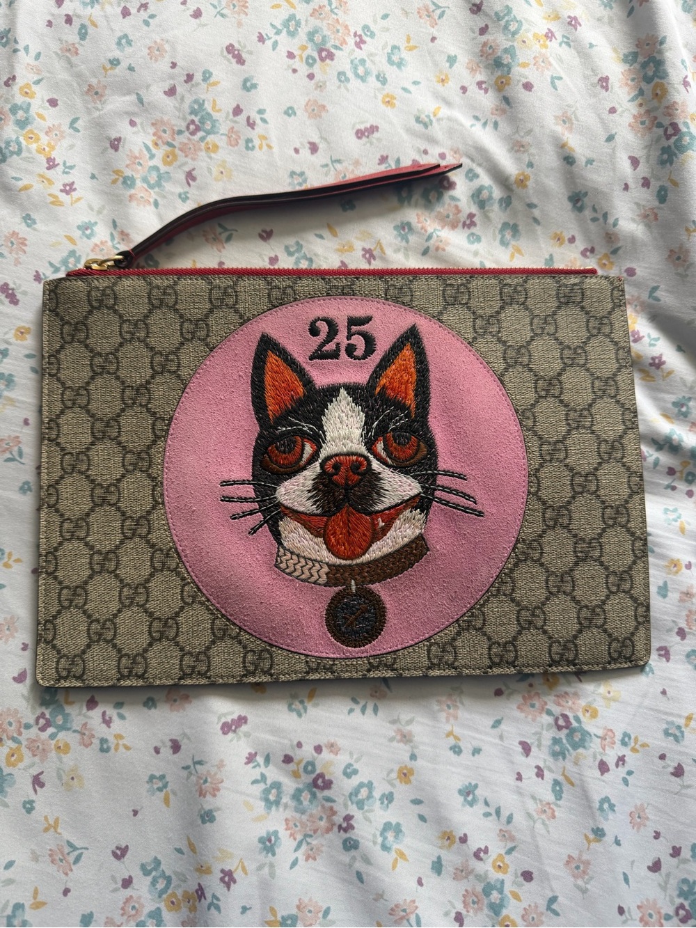 Gucci Brown GG Monogram Pouch with Pink Cat Patch and Red Trim